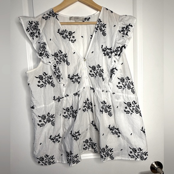 LOFT Tops - LOFT White and Black Embroidered Blouse